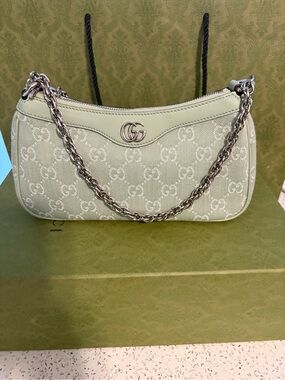 Gucci Pale Green GG Canvas denim Chain Shoulder Bag & crossbody attachable strap